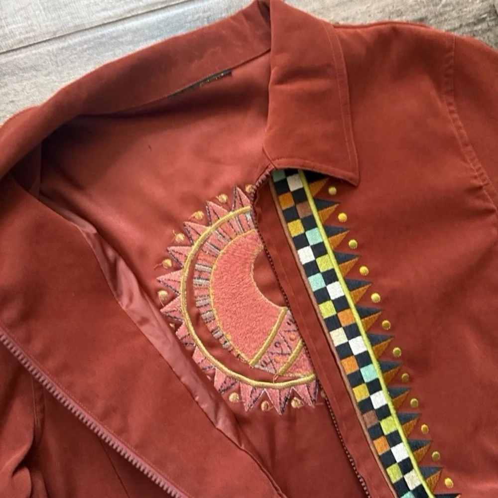 Bob Mackie Wearable Art Vintage Womens Horse Embroidered Zip Up Jacket, Rust, L